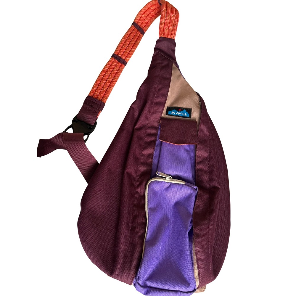 KAVU Rope Sling Bag Purple Burgundy Colorblock Polyester Crossbody Backpack